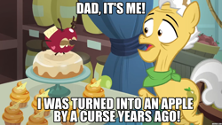 Size: 1280x720 | Tagged: safe, edit, edited screencap, screencap, grand pear, pear butter, earth pony, living apple, pony, the big mac question, apple, caption, cupcake, food, image macro, implied pear butter, male, pear cupcake, stallion, text