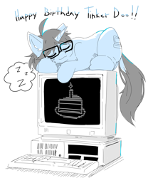 Size: 2757x3312 | Tagged: safe, artist:detectiveneko, oc, oc only, oc:tinker doo, birthday, cake, computer, food, glasses, male, sleeping, solo