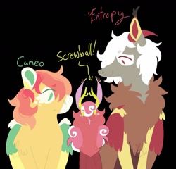 Size: 1280x1231 | Tagged: safe, artist:lepiswerid, screwball, oc, oc:cameo (lepiswerid), oc:entropy (lepiswerid), draconequus, hybrid, pegasus, antlers, black background, deviantart, ear fluff, eye clipping through hair, female, golden eyes, green eyes, half-siblings, horns, interspecies, interspecies offspring, lineless, magical gay spawn, male, marsverse, next generation, offspring, parent:big macintosh, parent:discord, parent:fluttershy, parents:discomac, parents:discoshy, parents:fluttermac, red eyes, redesign, siblings, simple background, smiling, worried