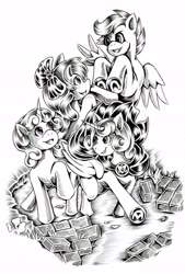 Size: 1280x1897 | Tagged: safe, artist:jennobasilicum, apple bloom, princess flurry heart, scootaloo, sweetie belle, alicorn, earth pony, pegasus, pony, unicorn, cape, clothes, cmc cape, cutie mark crusaders, female, filly, monochrome, older, traditional art