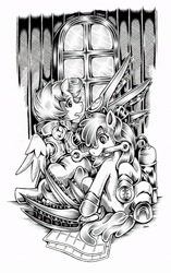 Size: 1280x2038 | Tagged: safe, artist:jennobasilicum, apple bloom, scootaloo, pony, artificial wings, augmented, mechanical wing, monochrome, mouth hold, traditional art, wings, wrench