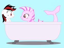 Size: 2048x1536 | Tagged: safe, artist:draymanor57, oc, oc only, oc:blackjack, oc:pisces zodiac, pony, sea pony, unicorn, fallout equestria, fallout equestria: project horizons, bathtub, fanfic art, scared, simple background