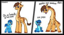 Size: 2200x1200 | Tagged: safe, artist:change, artist:rubiont, oc, earth pony, giraffe, pony, collaboration, basically i'm very smol, comic, male, meme, meme origin, simple background, sitting, size difference, smaller male, smiley face, text, white background