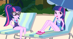 Size: 2808x1528 | Tagged: safe, artist:draymanor57, sci-twi, twilight sparkle, twilight sparkle (alicorn), alicorn, equestria girls, beach, clothes, duality, feet, one-piece swimsuit, sandals, self ponidox, swimsuit, twolight