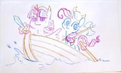 Size: 4096x2463 | Tagged: safe, artist:dawnfire, derpibooru import, rarity, twilight sparkle, twilight sparkle (alicorn), alicorn, pony, unicorn, axe, boat, female, glowing horn, helmet, horn, horned helmet, mare, ocean, photo, sketch, sketches from a hat, sword, traditional art, viking, viking helmet, weapon