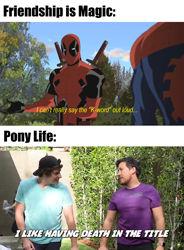 Size: 1680x2280 | Tagged: safe, edit, edited screencap, screencap, human, my little pony: pony life, barely pony related, deadpool, impact font, irl, irl human, markiplier, meme, photo, spider-man, text, tyler scheid, ultimate spider-man