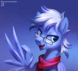 Size: 3300x3000 | Tagged: safe, artist:jedayskayvoker, oc, oc:daily air, pegasus, pony, bust, clothes, cute, glasses, gradient background, handsome, high res, male, ok hand sign, okay, open mouth, scarf, solo, wing hands, wings, 👌