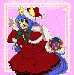 Size: 4000x4092 | Tagged: safe, artist:nemu majo, oc, oc only, oc:logical leap, anthro, unicorn, abstract background, anthro oc, bow, capelet, christmas, clothes, female, glasses, hat, holiday, mare, one eye closed, present, sack, santa hat, tongue out, wink, ych result
