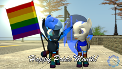 Size: 3840x2160 | Tagged: safe, artist:technickarts, oc, oc only, oc:comet chirico, oc:fate (technickarts), bat pony, 3d, bat pony oc, bat wings, couple, cute, gay pride flag, pride, pride flag, pride month, source filmmaker, tongue out, translucent mane, translucent tail, volumetric light, watermark, wings