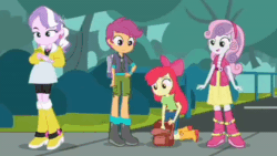 Size: 1200x676 | Tagged: safe, screencap, apple bloom, diamond tiara, scootaloo, sweetie belle, better together, equestria girls, fomo, animated, apple bloom's bow, backpack, book, boots, bow, cellphone, clothes, cutie mark crusaders, gif, hair bow, jacket, jeans, jewelry, looking at something, necklace, pants, phone, shirt, shoes, shorts, skirt, smiling, taxi, tree