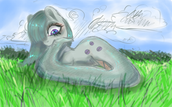 Size: 3200x2000 | Tagged: safe, artist:taika403, marble pie, lamia, original species, snake, snake pony, biting, cloud, cute, danger noodle, female, grass, lamiafied, nom, outdoors, snek, solo, species swap, tail bite