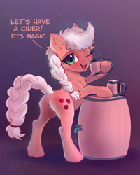 Size: 2575x3215 | Tagged: safe, artist:xbi, derpibooru import, applejack, earth pony, pony, alternate hairstyle, barrel, bipedal, bipedal leaning, braid, braided tail, butt, butt fluff, cheek fluff, chest fluff, cider, cute, dialogue, ear fluff, female, gradient background, high res, jackabetes, keg, leaning, leg fluff, looking at you, mare, one eye closed, open mouth, plot, solo, tabun art-battle, tabun art-battle finished after, talking to viewer, wink