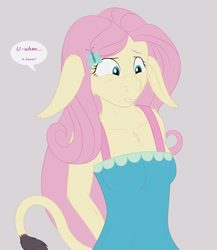 Size: 1291x1487 | Tagged: safe, artist:violetrosefall, fluttershy, anthro, butterfly, donkey, equestria girls, arm behind back, arm fluff, blushing, braying, breasts, bucktooth, cheek fluff, chest fluff, clothes, donkey ears, dress, ear fluff, elbow fluff, female, floppy ears, gray background, hairclip, hootershy, jenny, long ears, nervous, requested art, shoulder fluff, shy, simple background, solo, species swap, speech bubble, tail, transformation