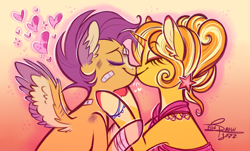 Size: 2893x1742 | Tagged: safe, artist:snowballflo, gilded lily, scootaloo, pegasus, pony, unicorn, alternate hairstyle, bandage, bandaid, boop, bracelet, clothes, coat markings, cute, cutealoo, dress, eyeshadow, female, heart, hug, jewelry, kissing, lesbian, makeup, mare, noseboop, older, older scootaloo, redesign, scar, scootalily, scootalove, shipping
