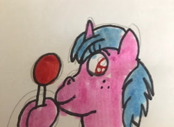 Size: 640x468 | Tagged: safe, artist:whistle blossom, cozy glow, alicorn, pony, alternate universe, bust, candy, cozybetes, cute, female, filly, foal, food, freckles, lollipop, looking at you, marker drawing, simple background, smiling, smiling at you, solo, traditional art, whistleverse, white background