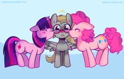 Size: 1000x638 | Tagged: safe, artist:pekou, derpibooru import, pinkie pie, twilight sparkle, unicorn twilight, oc, earth pony, pegasus, pony, unicorn, blushing, canon x oc, eyes closed, female, glasses, kiss on the cheek, kiss sandwich, kissing, lesbian, mare, spread wings, wingboner, wings