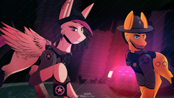 Size: 3840x2160 | Tagged: safe, artist:totally_fox, oc, oc:cally ber, oc:darren cuffs, earth pony, pegasus, badge, clothes, cutie mark, gun, police, police car, ranger, uniform, weapon