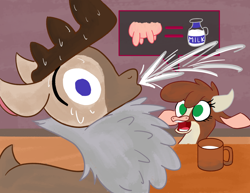 Size: 1780x1375 | Tagged: safe, artist:azimuth, arizona cow, cow, deer, reindeer, them's fightin' herds, community related, milk, mug, spit take, spitting, udder