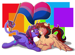 Size: 3000x2200 | Tagged: safe, artist:jack-pie, oc, oc only, pegasus, pony, colored wings, duo, flag, high res, multicolored wings, one eye closed, open mouth, pride flag, pride month, smiling, teeth, wings