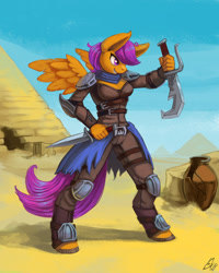 Size: 960x1200 | Tagged: safe, artist:lexx2dot0, scootaloo, anthro, pegasus, unguligrade anthro, assassin, colored hooves, dagger, desert, female, pyramid, smiling, solo, vase, weapon