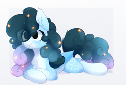 Size: 1305x882 | Tagged: safe, artist:little-sketches, part of a set, oc, oc:stellar constellation, pegasus, pony, chest fluff, commission, ear fluff, ethereal mane, eye clipping through hair, female, mare, prone, simple background, solo, starry mane, two toned wings, white background, wings, ych result