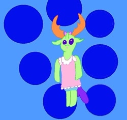 Size: 640x605 | Tagged: safe, artist:whistle blossom, thorax, changedling, changeling, semi-anthro, :o, abstract background, autodesk sketchbook, bipedal, blue underwear, bow, clothes, crossdressing, cute, digital art, dress, frilly dress, hair bow, king thorax, looking at you, male, open mouth, panties, short dress, solo, standing, thorabetes, underwear
