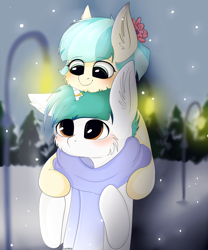 Size: 2500x3000 | Tagged: safe, artist:businka, coco pommel, oc, oc:snowy blue, earth pony, unicorn, blushing, canon x oc, clothes, cocobetes, cocowy, complex background, cute, ear fluff, female, flower, flower in hair, horn, horn ring, light post, male, ocbetes, scarf, snow, snowfall, tree, ych result