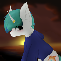 Size: 3000x3000 | Tagged: safe, artist:businka, oc, oc:snowy blue, unicorn, blushing, clothes, complex background, cute, cutie mark, ear fluff, fluffy, hoodie, horn, horn ring, looking at you, male, ocbetes, sunset