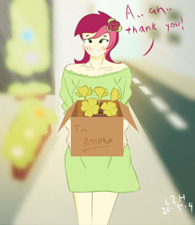 Size: 1300x1500 | Tagged: safe, artist:lzh, roseluck, equestria girls, blushing, box, clothes, dress, female, flower, looking at you, road, rose, street