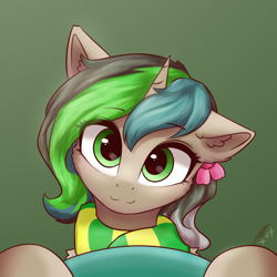 Size: 2000x2000 | Tagged: safe, artist:astery, oc, oc only, oc:star shadow, pony, unicorn, clothes, female, gradient background, green background, looking at you, mare, scarf, simple background