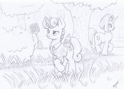 Size: 3270x2370 | Tagged: safe, artist:xeviousgreenii, cayenne, oc, oc:ginger mint, pony, unicorn, atg 2020, flyswatter, grass, magic, male, monochrome, newbie artist training grounds, stallion, tree