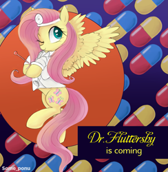 Size: 1297x1331 | Tagged: safe, artist:some_ponu, derpibooru import, fluttershy, pegasus, pony, cute, doctor, doctor fluttershy, dr. mario, female, hoof hold, hooves to the chest, looking at you, mare, one eye closed, shyabetes, solo, spread wings, stethoscope, thermometer, three quarter view, wings, wink, winking at you