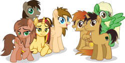 Size: 7852x4000 | Tagged: safe, artist:peahead, oc, oc only, oc:cherry lights, oc:data wave, oc:firegold lust, oc:kathrine, oc:paper trail, oc:stellar winds, earth pony, pegasus, pony, unicorn, absurd resolution, bedroom eyes, earth pony oc, female, folded wings, grin, group, group photo, group shot, happy, horn, lidded eyes, looking at you, male, mare, pegasus oc, simple background, smiling, smiling at you, spread wings, stallion, transparent background, unicorn oc, unnamed oc, vector, wings