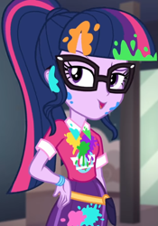 Size: 755x1080 | Tagged: safe, screencap, sci-twi, twilight sparkle, better together, equestria girls, sunset's backstage pass!, bangs, clothes, collar, cropped, cute, female, glasses, hand on hip, indoors, lidded eyes, messy, music festival outfit, paint, ponytail, public restroom, raised eyebrow, shirt, short sleeves, skirt, smiling, talking, twiabetes, wristband