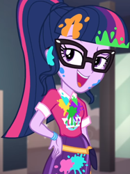 Size: 806x1080 | Tagged: safe, screencap, sci-twi, twilight sparkle, better together, equestria girls, sunset's backstage pass!, bangs, clothes, collar, cropped, cute, female, glasses, hand on hip, indoors, lidded eyes, messy, music festival outfit, paint, ponytail, public restroom, raised eyebrow, shirt, short sleeves, skirt, smiling, talking, twiabetes