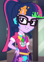 Size: 767x1080 | Tagged: safe, screencap, sci-twi, twilight sparkle, better together, equestria girls, sunset's backstage pass!, bangs, clothes, collar, cropped, cute, female, glasses, hand on hip, lidded eyes, messy, music festival outfit, paint, ponytail, raised eyebrow, shirt, short sleeves, skirt, smiling, talking, twiabetes