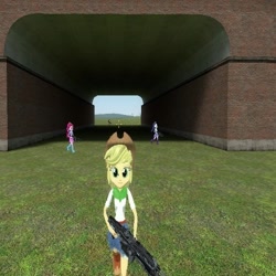 Size: 512x512 | Tagged: safe, artist:mlp-portal, applejack, pinkie pie, rarity, equestria girls, 3d, applejack's hat, cowboy hat, female, gmod, grass, gun, hat, looking at you, tunnel