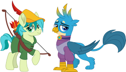 Size: 2621x1500 | Tagged: safe, artist:cloudyglow, gallus, sandbar, earth pony, griffon, pony, arrow, bow (weapon), bow and arrow, bycocket, clothes, cosplay, costume, crossover, cute, disney, feather, femboy, gallabetes, gallbar, gay, hat, looking at you, maid marian, male, movie accurate, raised hoof, robin hood, sandabetes, shipping, simple background, stallion, transparent background, trap, weapon