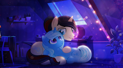 Size: 5000x2773 | Tagged: source needed, safe, artist:rish--loo, oc, oc only, oc:eternal light, alicorn, unicorn, alicorn oc, bed, bedroom, blue eyes, book, carpet, chair, cuddling, detailed background, dresser, female, holding, horn, lights, looking at each other, makeup, male, mare, mirror, on floor, pillow, plant, plant pot, ponytail, purple eyes, shelf, smiling, stallion, tree, two toned mane, two toned tail, unicorn oc, wings