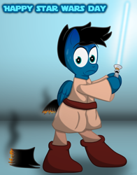 Size: 2582x3300 | Tagged: safe, artist:agkandphotomaker2000, oc, oc:pony video maker, pegasus, pony, boots, chopped up flank, drawing, lightsaber, may the fourth be with you, robes, shocked expression, shoes, smoke, star wars, star wars day, sweat, weapon