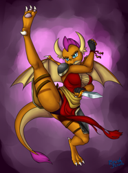 Size: 2191x2947 | Tagged: safe, artist:brushstroke, smolder, anthro, dragon, breasts, clothes, dragoness, female, fingerless gloves, gloves, high res, ninja, smolder-boulders, weapon