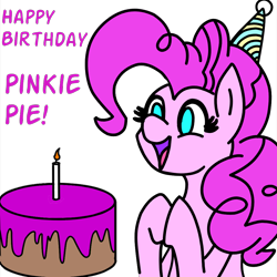 Size: 1000x1000 | Tagged: safe, artist:legendoflink, derpibooru import, pinkie pie, earth pony, pony, birthday, cake, cute, diapinkes, food, happy, hat, open mouth, party hat, pinkie pie's birthday, simple background, solo, text, transparent background