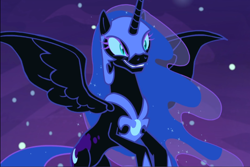 Size: 1408x939 | Tagged: safe, screencap, nightmare moon, alicorn, pony, a royal problem, armor, chestplate, cropped, dream realm, ethereal mane, evil grin, female, flowing mane, flying, grin, helmet, mare, slit eyes, smiling, solo, sparkling mane, spread wings, wings