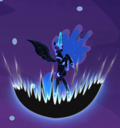 Size: 508x543 | Tagged: safe, screencap, nightmare moon, a royal problem, cropped, eyes closed, glowing horn, horn, magic, magic aura, powering up, solo, spread wings, wings