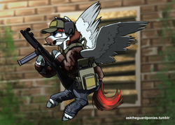 Size: 2450x1750 | Tagged: safe, artist:asktheguardponies, artist:guard-mod, oc, pegasus, baseball cap, brick wall, cap, chocolate bar, clothes, commission, flying, gun, hat, headphones, jacket, jeans, leather jacket, mp5, pants, pegasus oc, simple background, submachinegun, unshorn fetlocks, weapon, wings