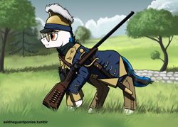 Size: 2450x1750 | Tagged: safe, artist:asktheguardponies, artist:guard-mod, oc, earth pony, anachronism, clothes, earth pony oc, glasses, gun, helmet, military, revolutionary war, scenery, sharps 1874, sword, uniform, war, weapon