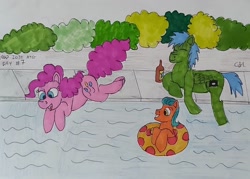 Size: 1202x860 | Tagged: safe, artist:rapidsnap, derpibooru import, pinkie pie, oc, oc:rapidsnap, earth pony, pony, cute, diapinkes, eyes closed, newcastle brown ale, ocbetes, relaxing, swimming pool, traditional art, trio