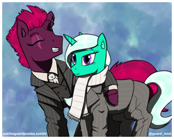 Size: 1750x1400 | Tagged: safe, artist:asktheguardponies, artist:guard-mod, glitter drops, tempest shadow, unicorn, clothes, hug, necktie, scarf, simple background, smiling, suit, three piece suit, vest