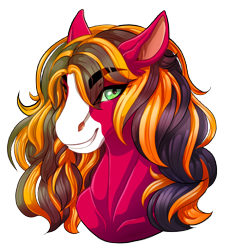 Size: 1662x1830 | Tagged: safe, artist:inkumiester, oc, oc only, oc:red baroness, earth pony, pony, blaze (coat marking), bust, eyebrows visible through hair, female, gift art, looking at you, mare, offspring, parent:big macintosh, parent:coloratura, parents:raramac, simple background, solo, transparent background