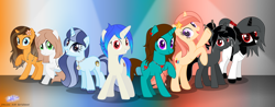 Size: 1280x502 | Tagged: safe, artist:starflighmlp, oc, oc:beachcomber, oc:blissful trance, oc:ebony darkness, oc:healing touch, oc:nurse hypno heart, oc:shadow dancer, oc:spiral swirl, oc:tranquil paradise, unicorn, group shot, karate gi, stethoscope